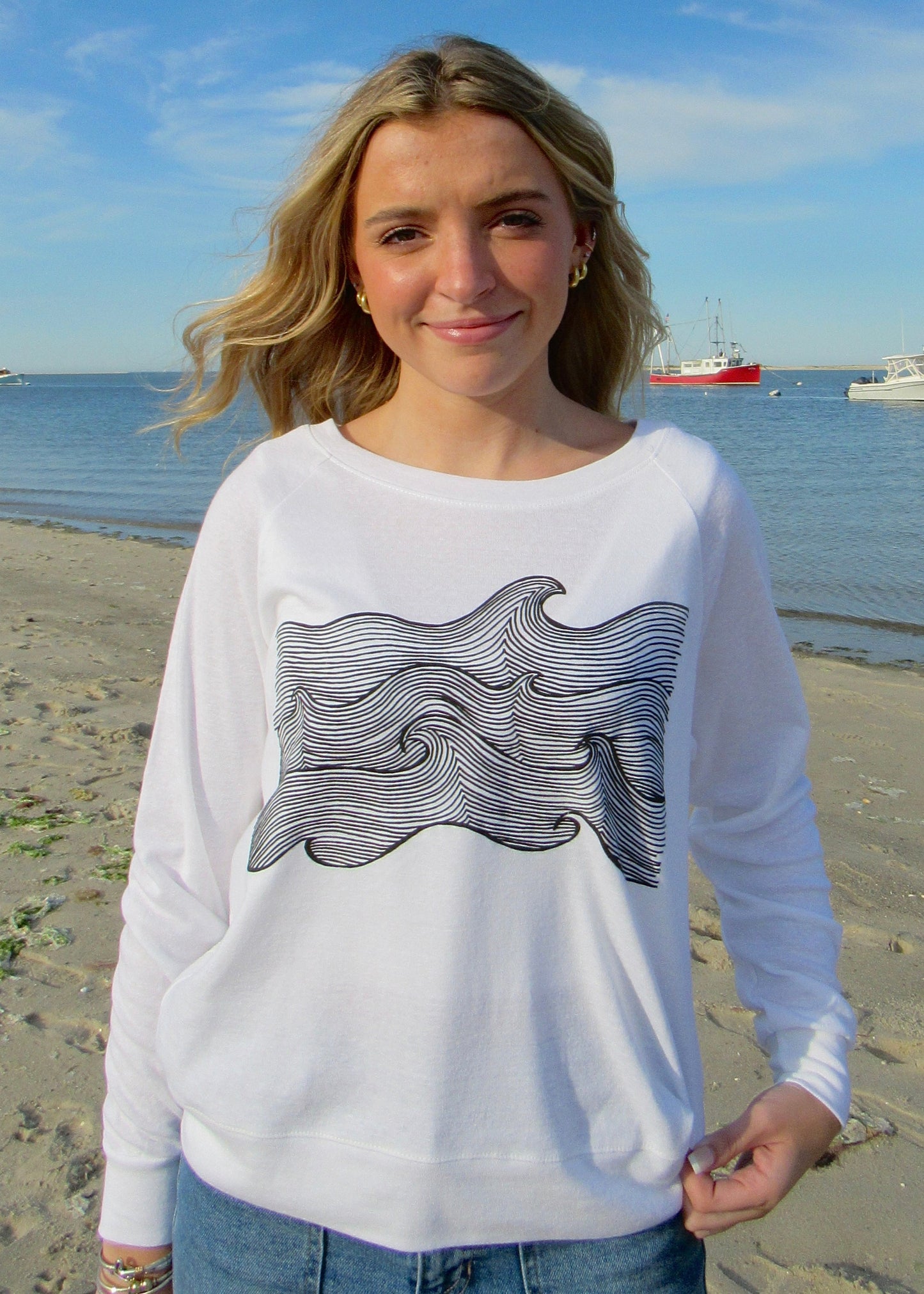 Life Comes In Waves Double Print White Pullover